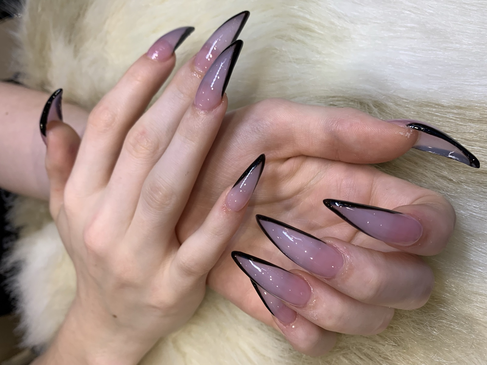 Stiletto nails with a pale pink ombré and thin black outlined French tips