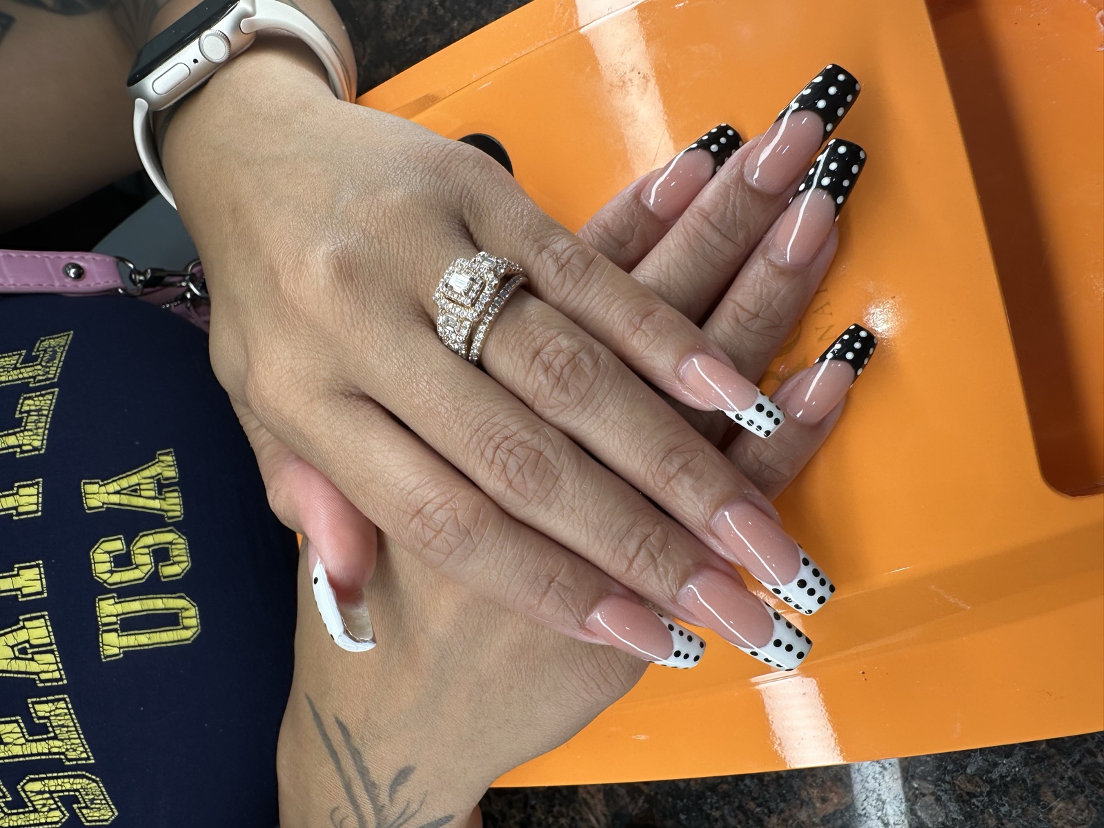 Square French tips with black-and-white polka dots